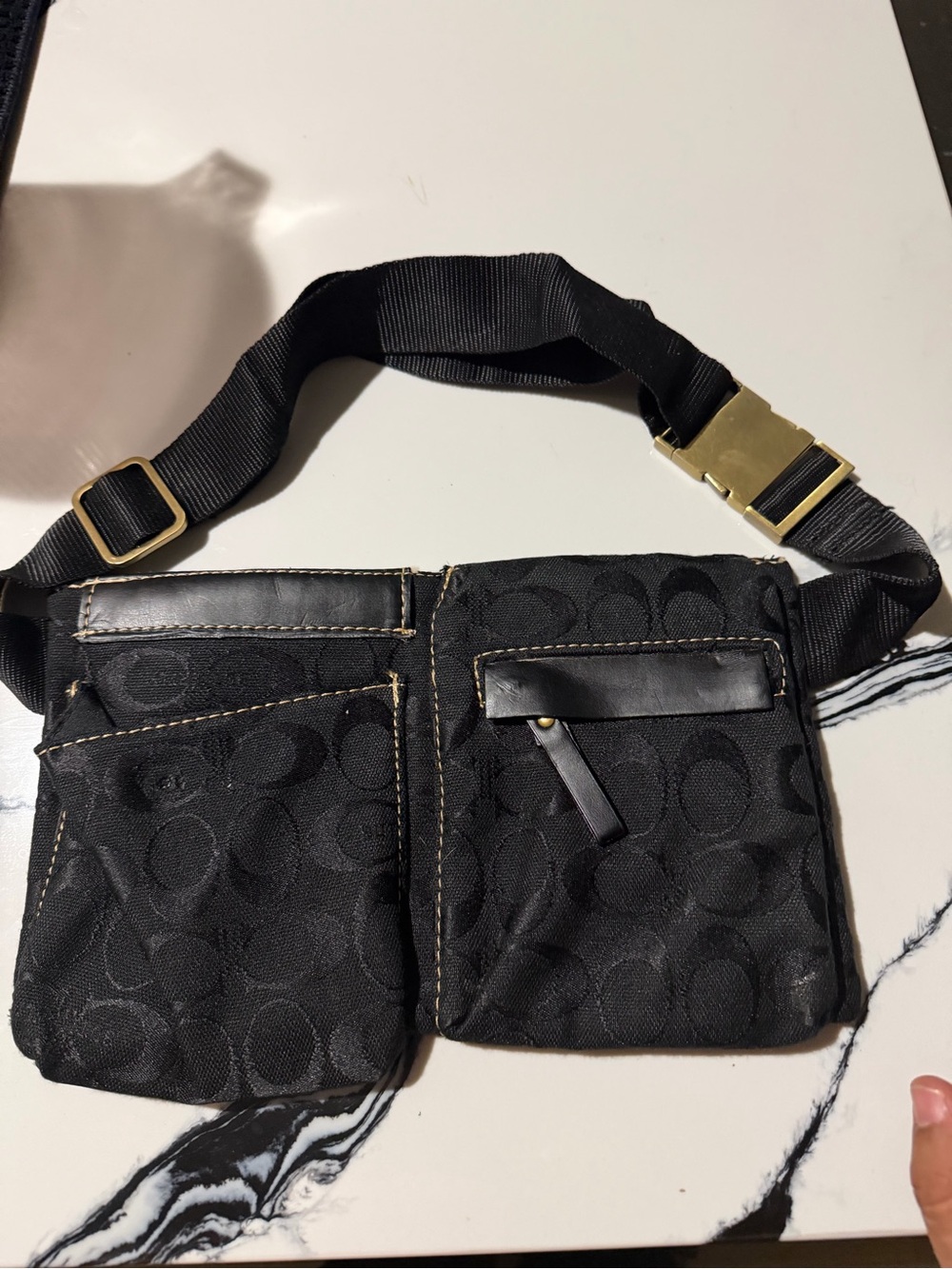 Coach Black Signature Canvas Dual-Pocket Waist Bag with Brass Hardware